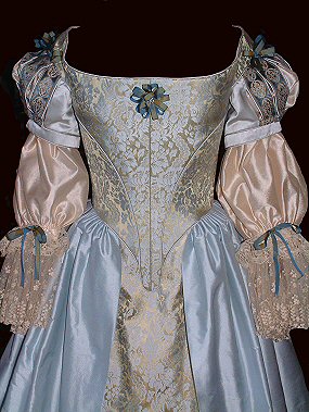 blue-gold brocade silk seventeenth century dress with slashed sleeves