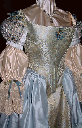 restoration style 1660's wedding dress in blue/ gold brocade