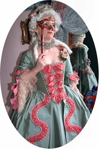 Inspiration for this gown came from the style and colouring of the Madame de Pompadour painting by Boucher and Madame Tussaud's portrait of Madame De Barry, Louis XV's last mistress