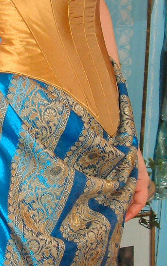  pale gold and blue taffeta and brocade wedding dress