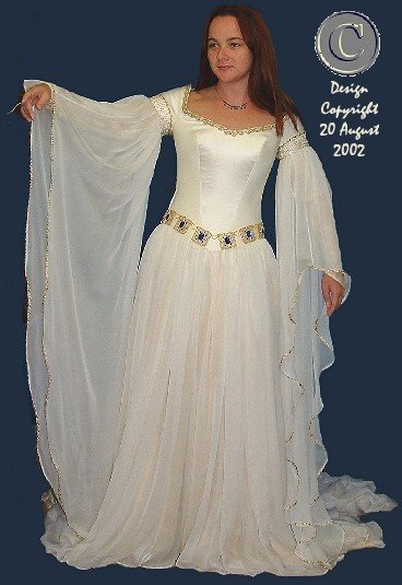 Medieval style wedding dress based on the famous pre-raphaelite painting, The Accolade