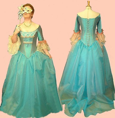 pale turquoise corset bodice with eighteenth century style sleeves and skirt