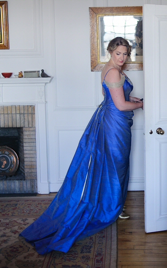  blue with gold silk wedding corset with shrug jacket and skirt