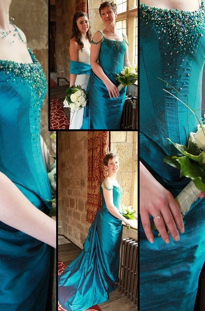 silk dupion peacock coloured wedding dress