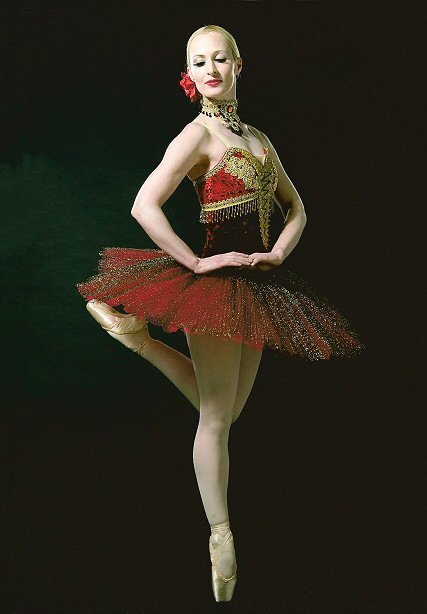gold embellished spanish style classical ballet tutu in red velvet with black and gold lace