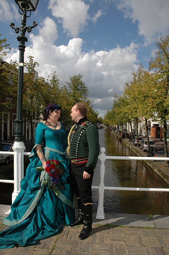 turquoise and navy shot silk nineteenth century style historical wedding dress