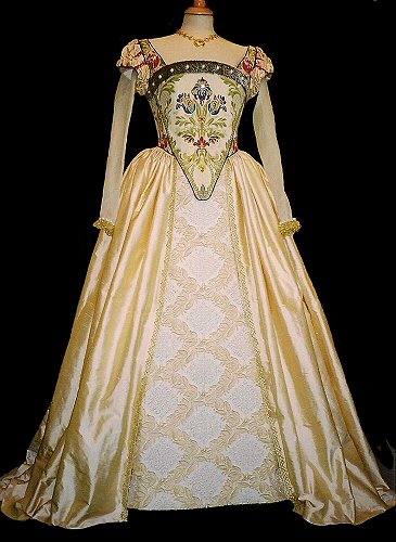 Full length view of Elizabethan style gown in brocade and silk