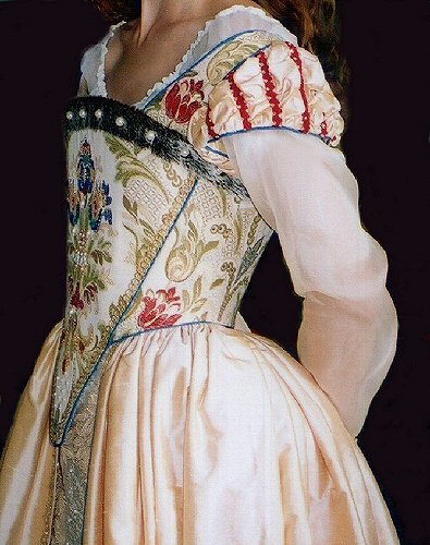 Side view of brocade elizabethan-style period costume