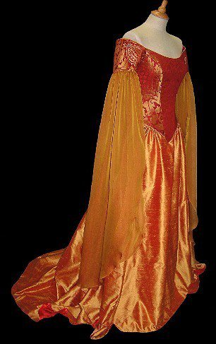 redand gold brocade medieval style wedding dress with chiffon hanging sleeves