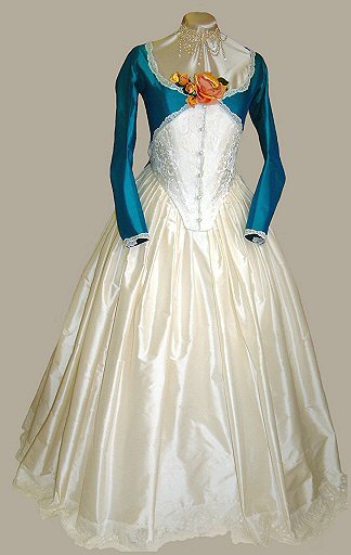 turquoise and ivory eighteenth century style historical wedding dress