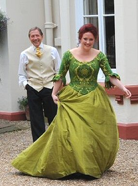 green and gold brocade 18th century style corset with lime green silk skirt