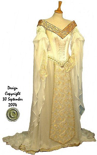 Medieval style wedding dress in ivory and gold with chiffon hanging sleeves