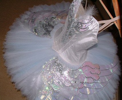 white swan tutu, embellished with silver and iridescent wings