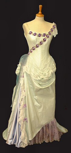 Pale green taffeta bustle gown with antique lace trim
