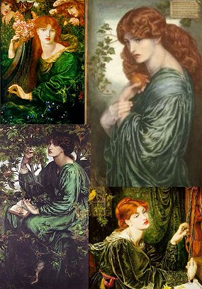 My original Persephone in Birmingham has much paler colouring and brighter hair. The blue-green costume, contrasted with red and russet tones, is shown repeatedly on Rossetti's models.