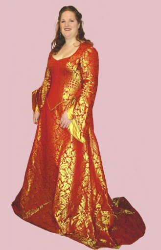 red and gold brocade corsetted medieval style wedding dress with tailored hanging sleeves