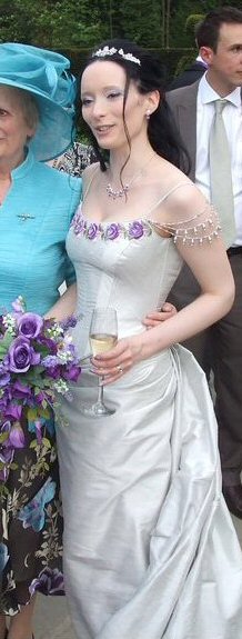 silver silk dupion wedding dress with lilac embellishments