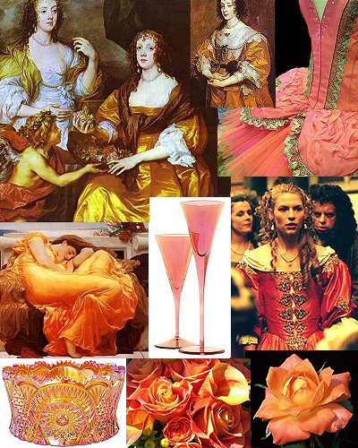 Pink-gold-orange source material - a Marigold Carnival Glass bowl, a Rossetti tutu, Lord Leighton's Flaming June and lustre glassware