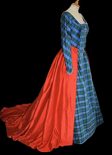 Side view of Tudor-style wedding gown in Flower-of-Scotland tartan with red overskirt 
