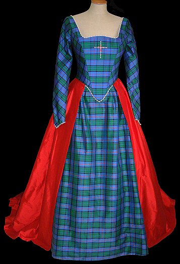 Alternative wedding dress in the Tudor style shown in Flower-of-Scotland tartan with red silk contrast and hand-stitched pearl trim