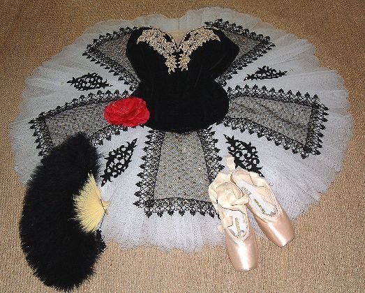 Professional quality white tutu with black velvet bodice and black and gold decoration for Don Quixot solo