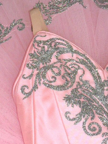 detail of tutu decoration in silver on pale pink