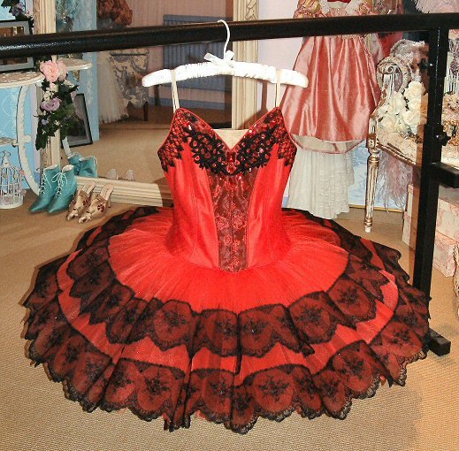 red spanish style Kitri tutu designed for Don Quixote and decorated in black