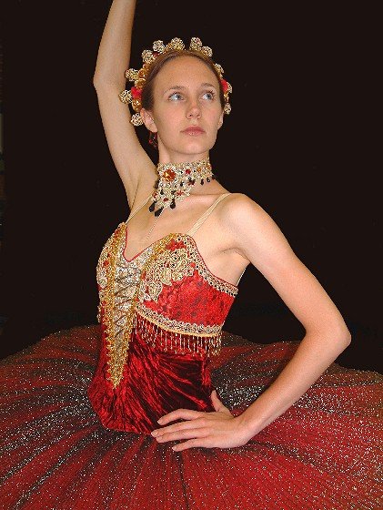 Red and gold Kitri titu for Don quixote with velvet bodice