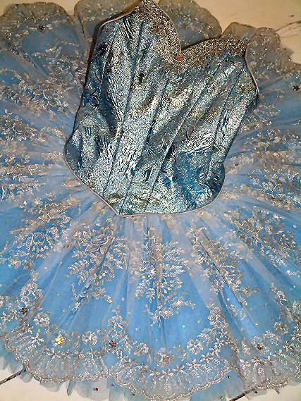 blue/silver brocade bodice with lace skirt